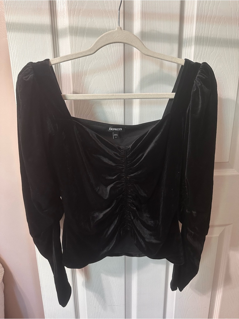 Express Black Velvet Ruched Square-Neck Top